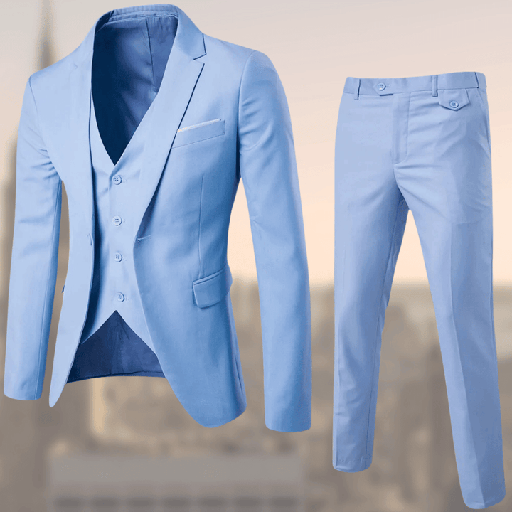Elegantes Herren Anzug-Set mit Sakko, Weste und Hose, in klassischen Farben wie Schwarz und Marineblau. Ideal für Anlässe.