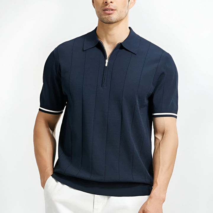 Elegantes Herren Polo Shirt, Dunkelblau, mit klassischem Kragen und Reißverschluss, stilvolles Design für vielfältige Anlässe
