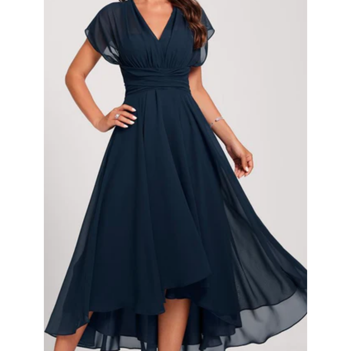 "Elegantes marineblaues Damen-Midi-Kleid mit V-Ausschnitt und fließendem Rock, perfekt für besondere Anlässe."