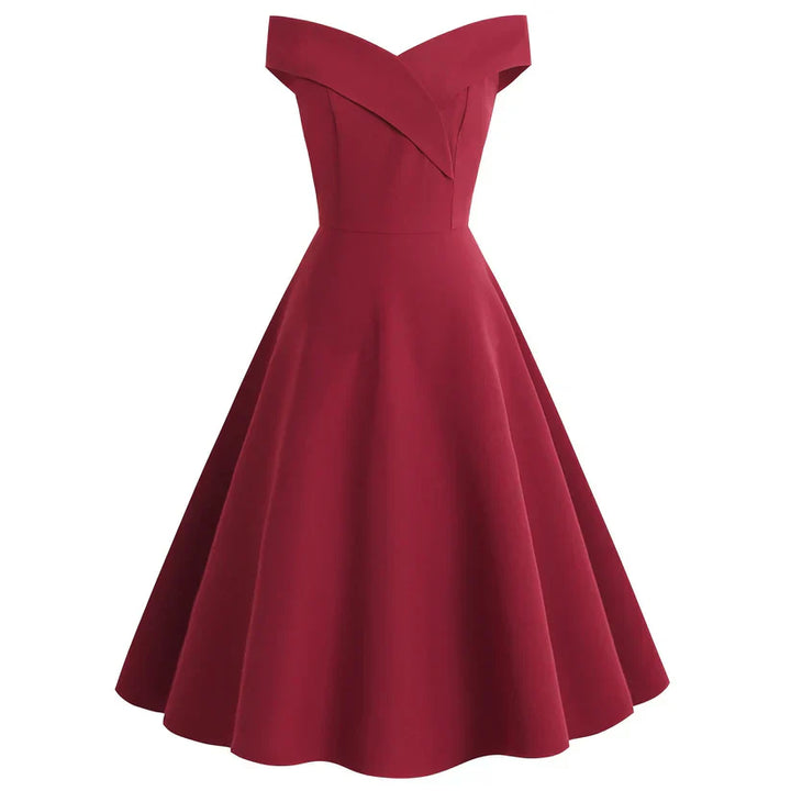 Elegantes schulterfreies Midi-Kleid für Damen mit figurbetonter Passform, ideal für Abendveranstaltungen.