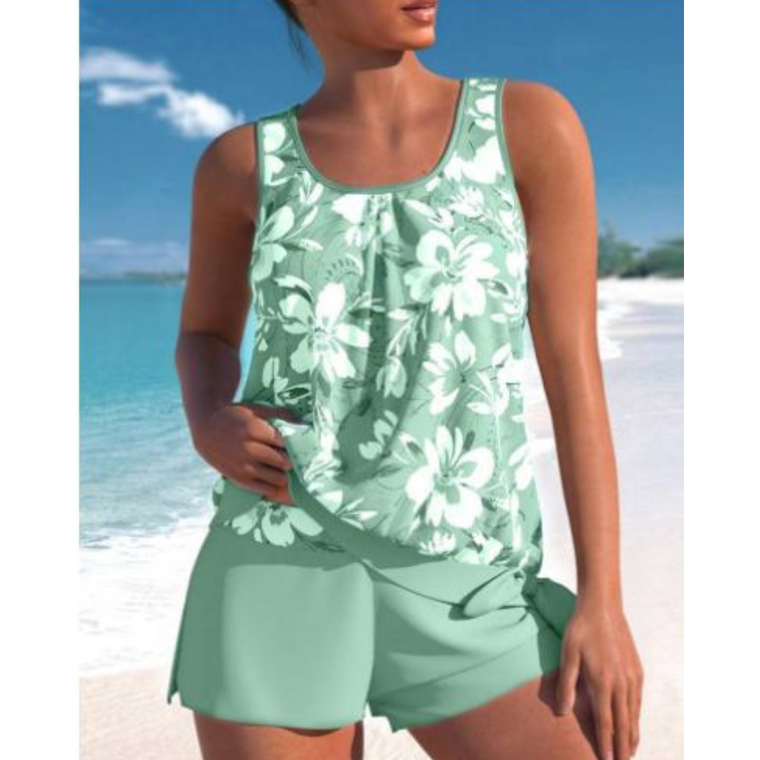 Elegantes, zweiteiliges Damen Tankini-Set in modernem Design, ideal für Sommer, Strand und Pool; stilvoll und komfortabel.