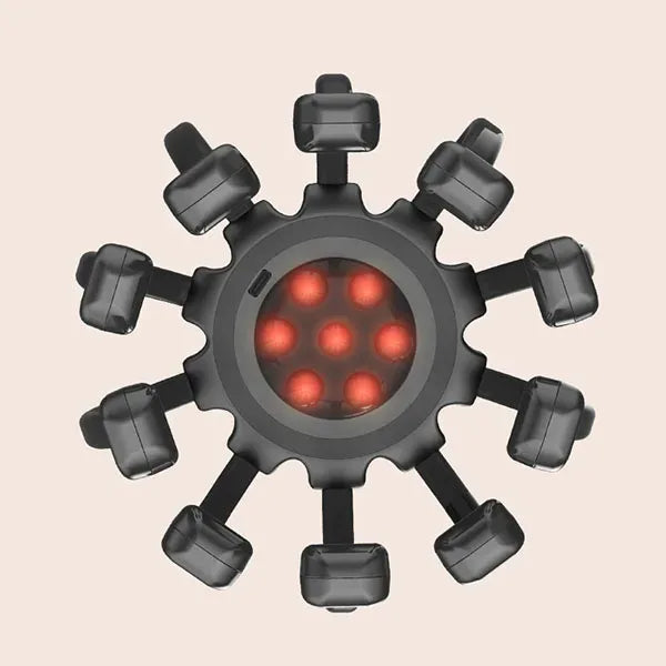 Elektrischer Kopfmassager mit 10 vibrierenden Köpfen, ergonomisch und flexibel, für entspannende Kopfhautmassage.