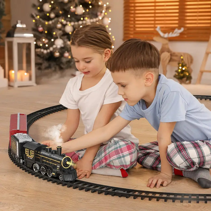Elektrischer Weihnachtszug mit flexiblen Schienen, festliches Design, detailreiche Wagen, ideales Spielzeug für Kinder.