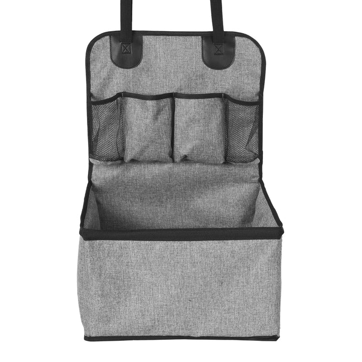 Elevated dark grey dog car seat with storage pocket, plush interior, and safety straps for small to medium dogs.