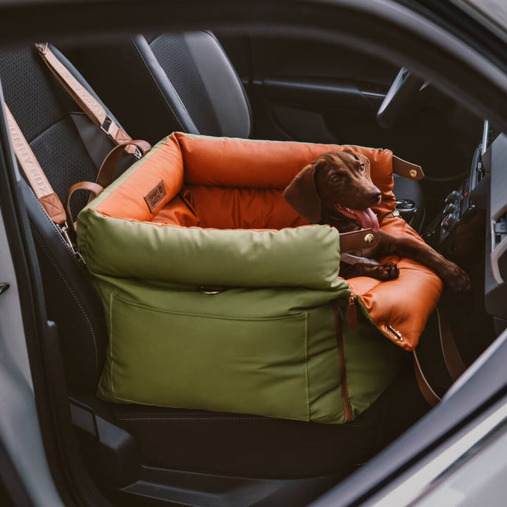 Elevated pet car booster seat for small dogs, faux leather, promoting safe travel comfort