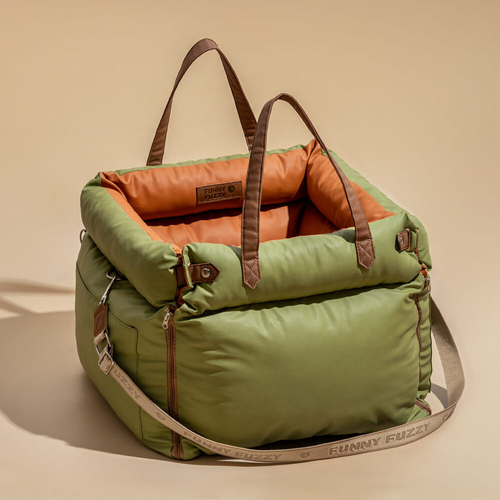 Washable dog booster seat for car travel, stylish faux leather, ensuring pet safety & comfort