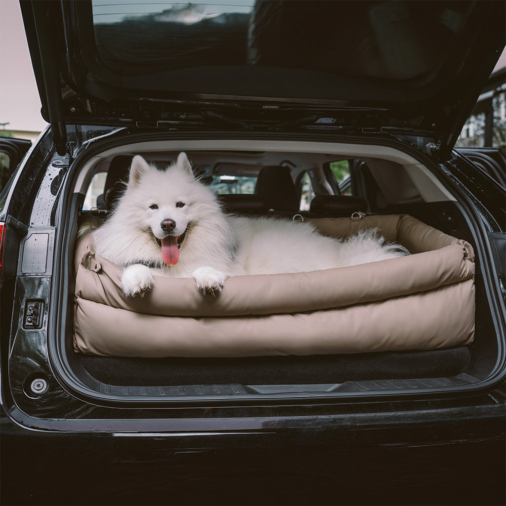 Pet car booster seat with faux leather finish, elevated for small dogs' viewing comfort