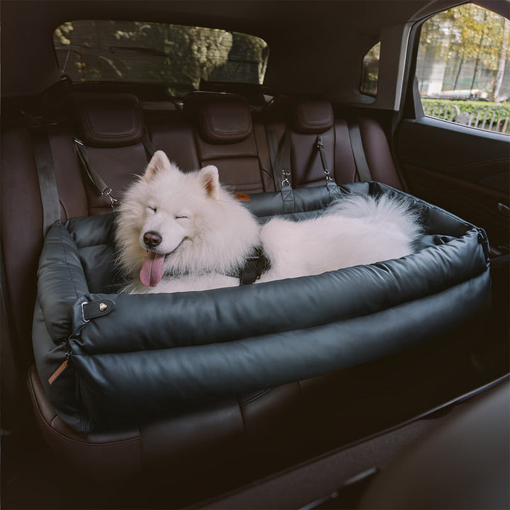 Faux leather pet booster seat, elevated car bed for dogs, emphasizing safety and washability