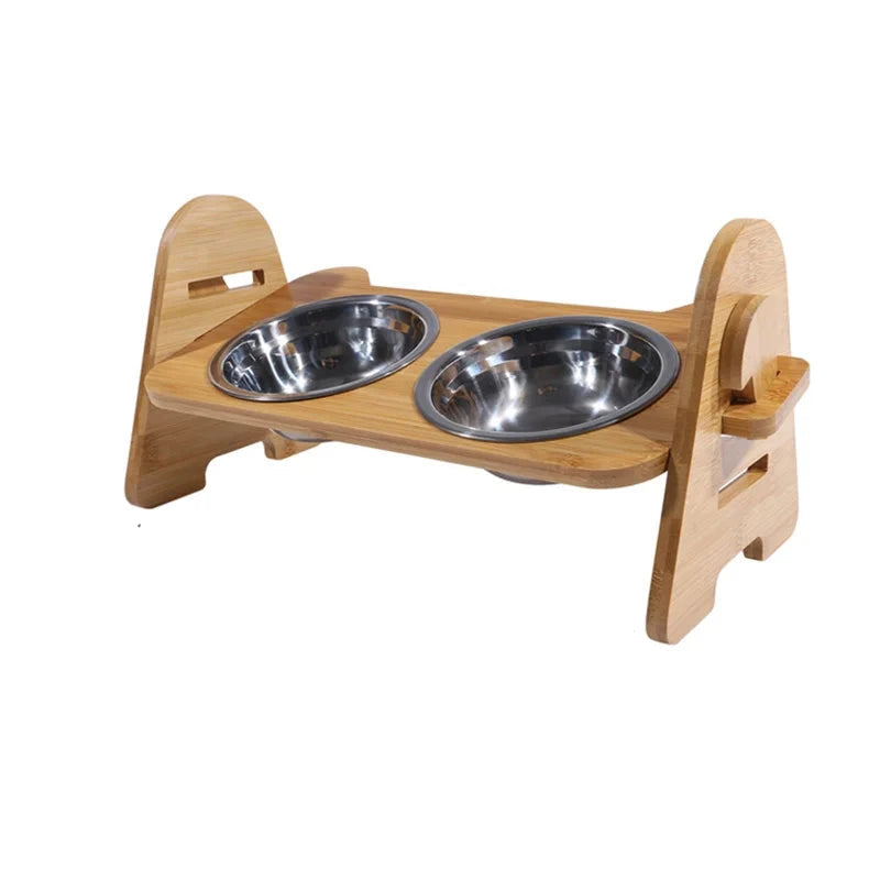 Elevated pet feeder, adjustable height bamboo stand with two stainless steel bowls for dogs or cats
