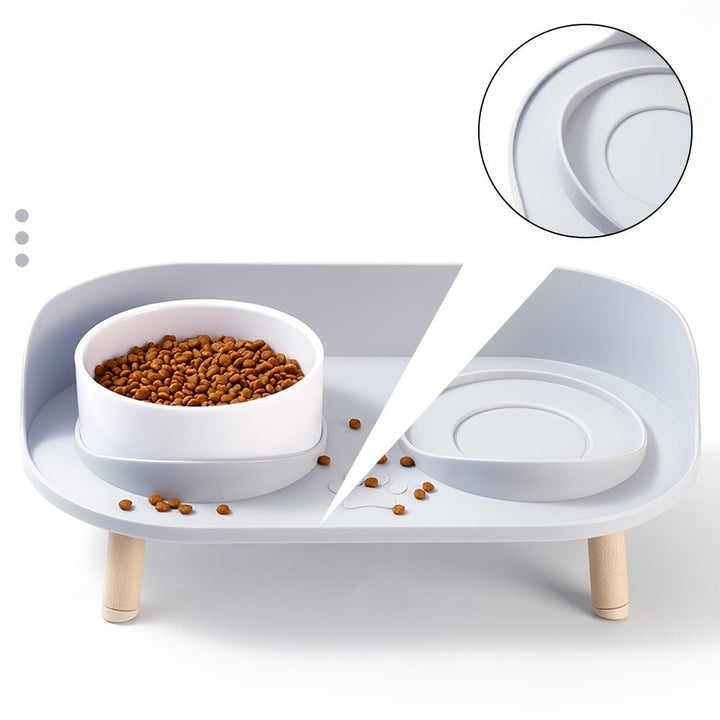 Close-up of non-slip elevated pet food and water bowls, perfect for small dog or medium cat, ergonomic
