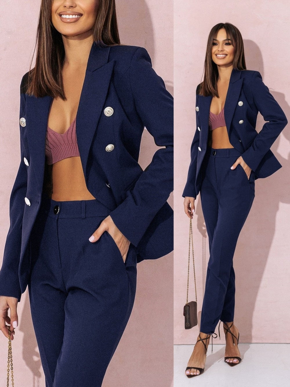 "Elisea Damen Blazer Set, elegant mit zeitlosem Schnitt; grauer Blazer und Hose, perfekte Wahl für Sommeranlässe."
