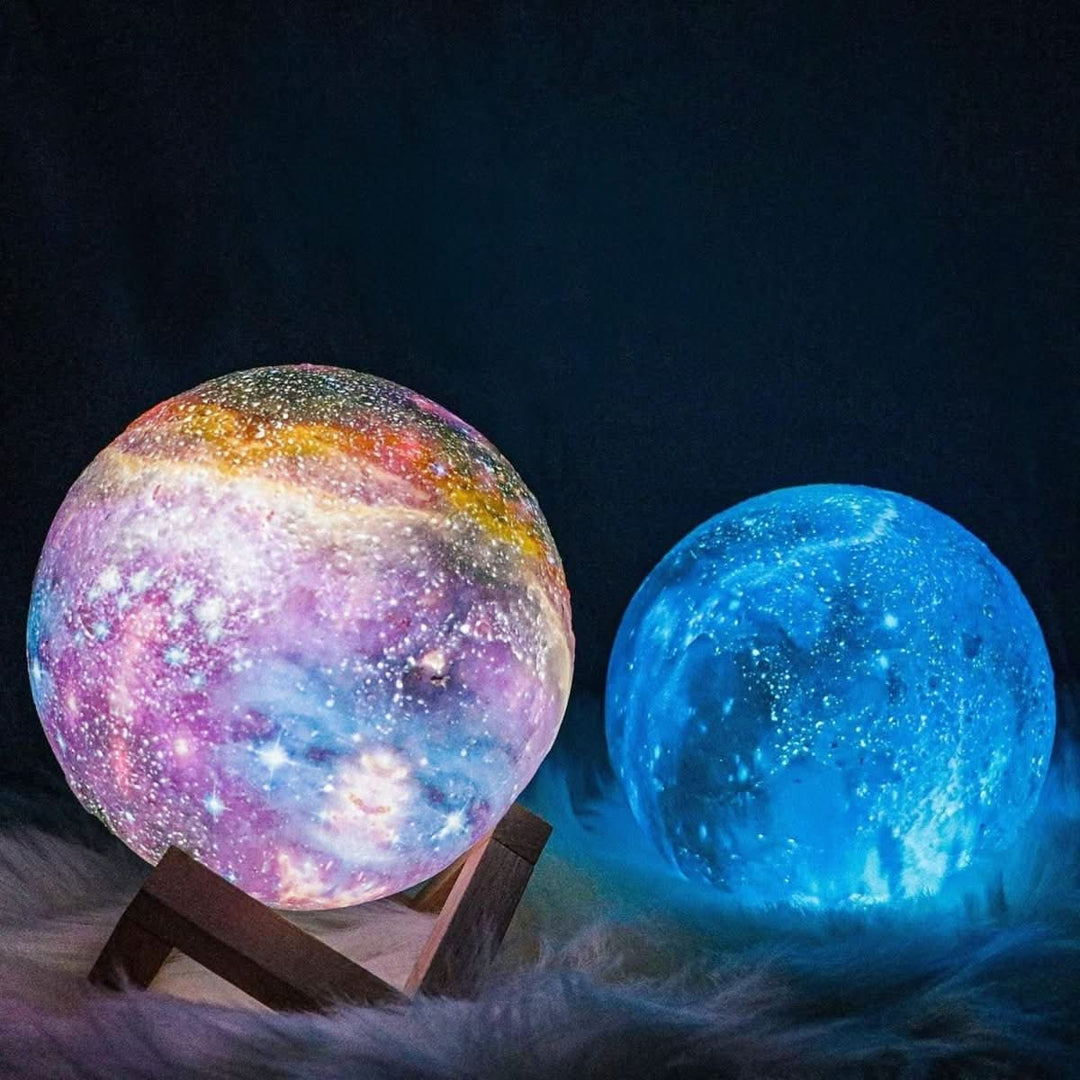 Enchanting 3D moon lamp with 16 LED colors, realistic texture, and elegant wooden stand for ambient lighting.
