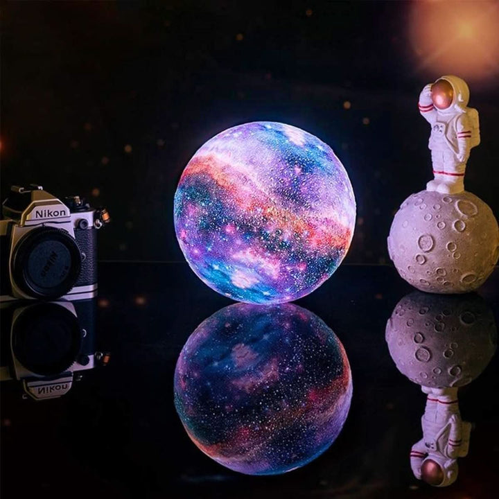Stunning 3D galaxy moon lamp with 16 vibrant LED colors & sleek wooden stand, ideal for celestial home decor.