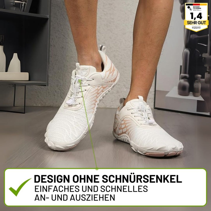 "Ergonomische Barfußschuhe für Frauen, atmungsaktives Material, breiter Zehenraum, designed für gesunde Bewegung und Komfort"