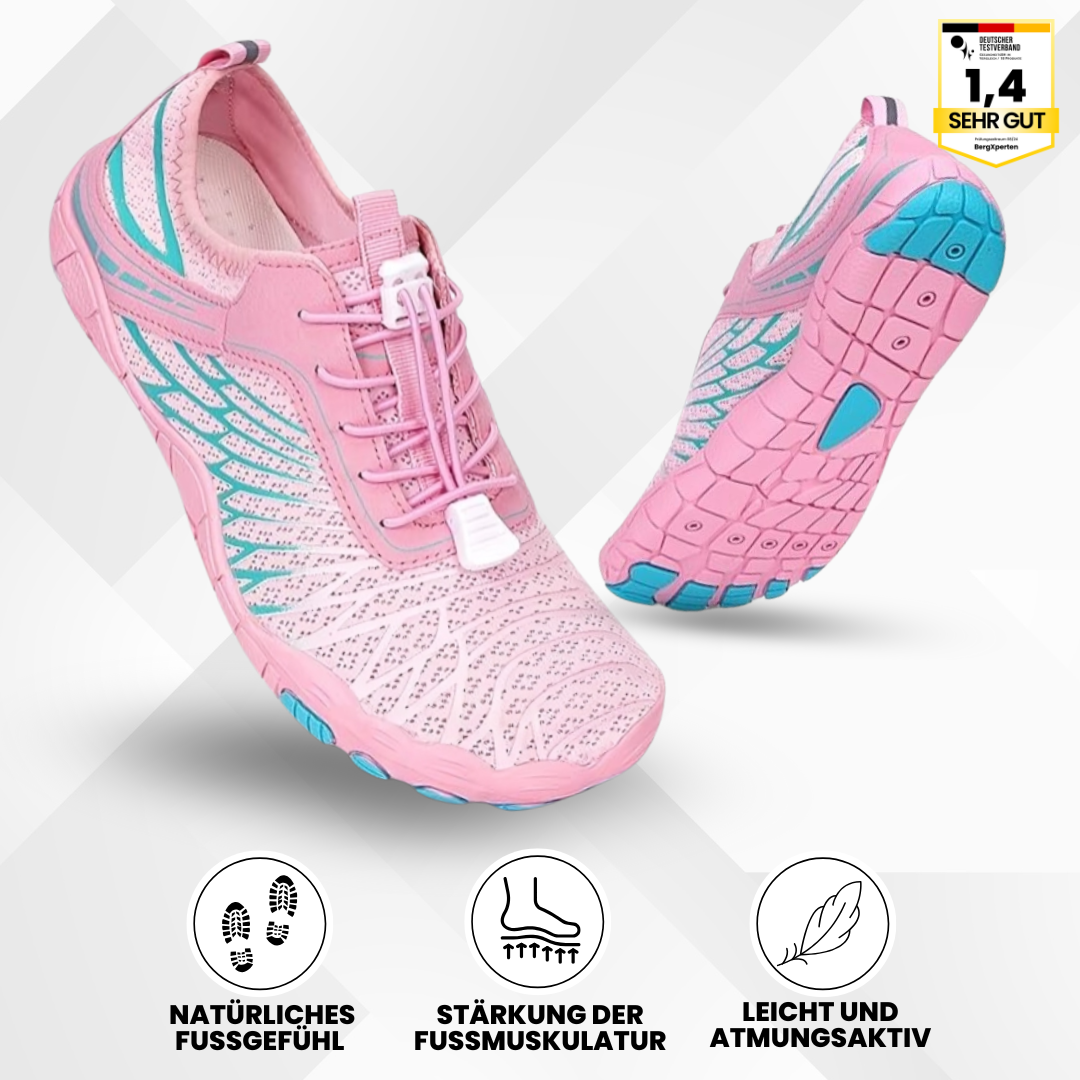 "Ergonomische Barfußschuhe für Frauen, atmungsaktives Material, breiter Zehenraum, designed für gesunde Bewegung und Komfort"