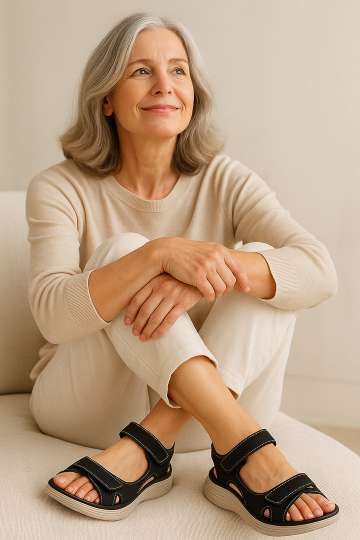 "Ergonomische beige Damensandalen mit anatomischem Fußbett, luftigem Design und flexiblen Riemen für optimalen Komfort"