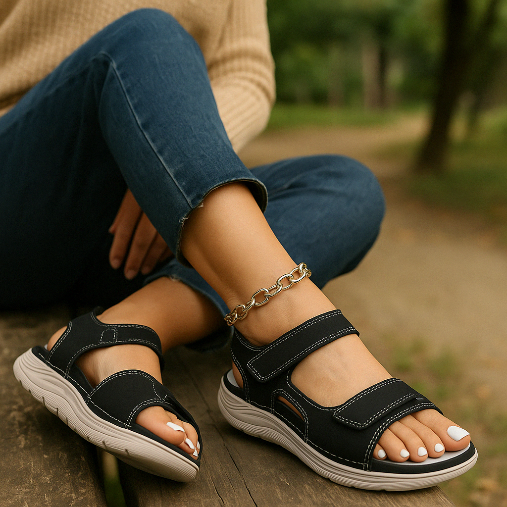 "Ergonomische beige Damensandalen mit anatomischem Fußbett, luftigem Design und flexiblen Riemen für optimalen Komfort"
