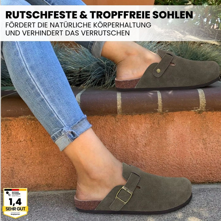 "Ergonomische Cloggs für Frauen, mit rutschfester Sohle und stoßdämpfendem Fußbett, ideal für Gastronomie und Pflegeberufe."