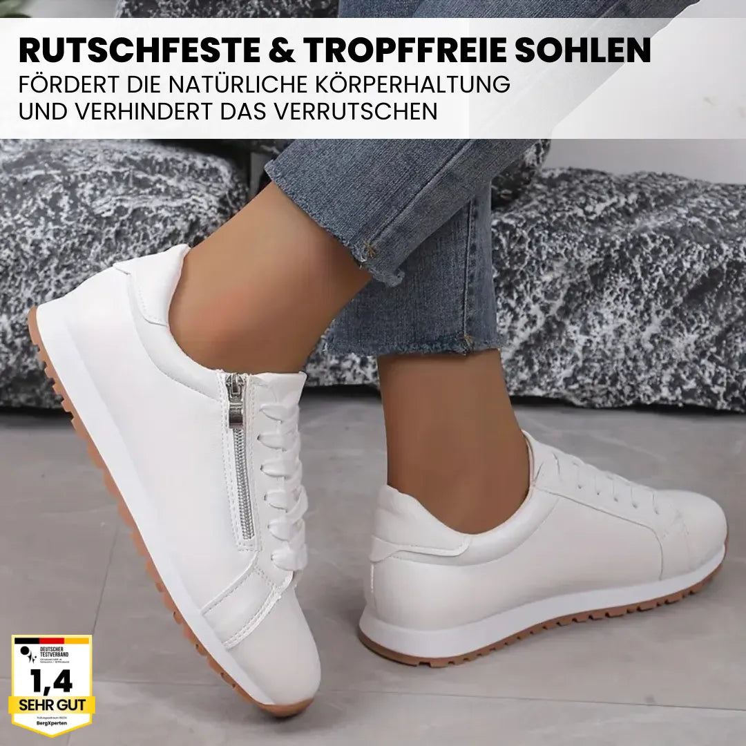 "Ergonomische Damen-Schuhe OrthoCareX, grau, atmungsaktives Material, rutschfeste Sohle, breiter Zehenraum für Komfort."