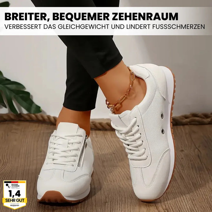 "Ergonomische Damen-Schuhe OrthoCareX, grau, atmungsaktives Material, rutschfeste Sohle, breiter Zehenraum für Komfort."