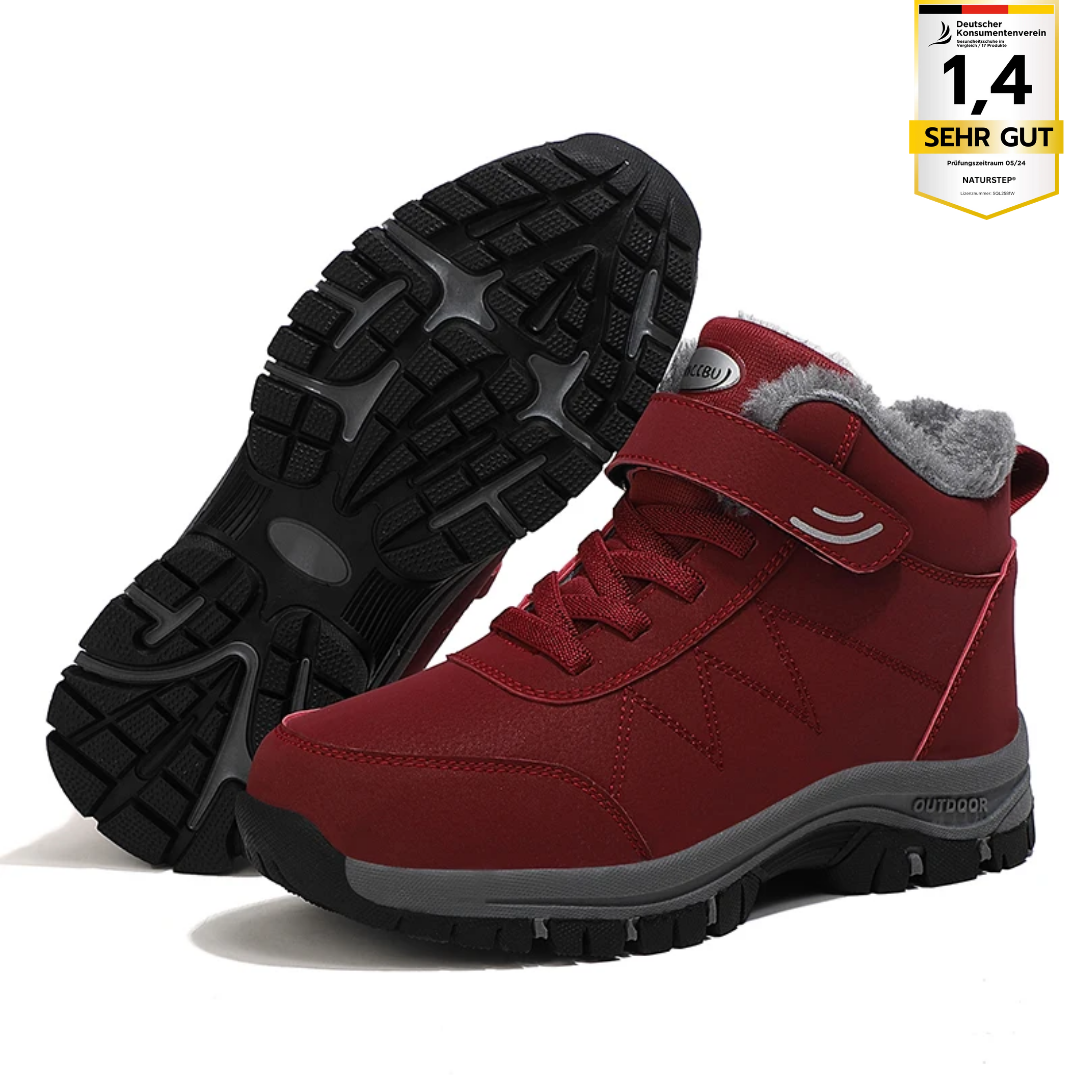 "Ergonomische Frauen-Klettverschluss-Stiefel in Pink mit breitem Zehenbereich und rutschfester Sohle für optimalen Komfort."