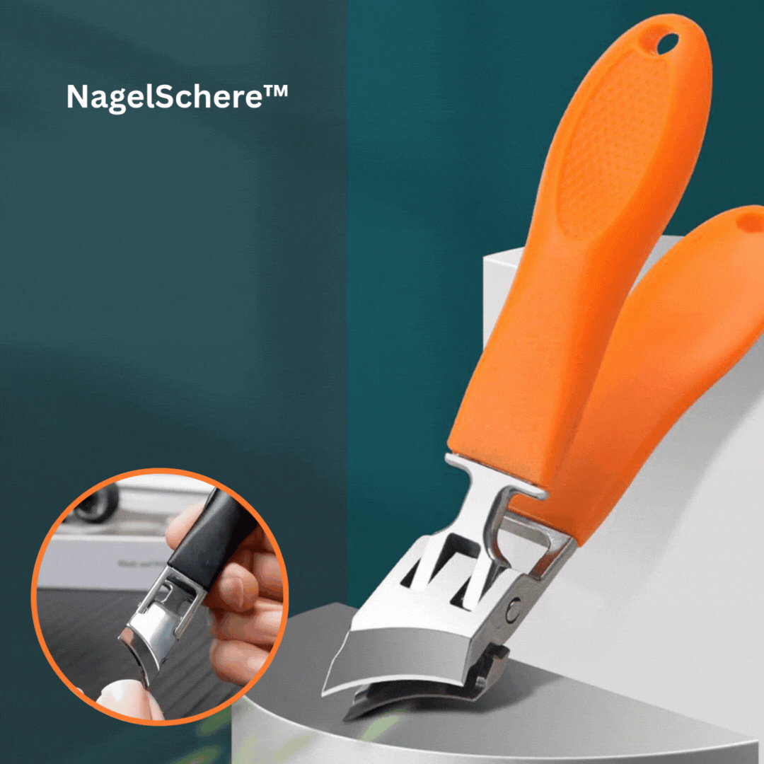 "Ergonomische Nagelschere mit scharfer Klinge, schwarze und orange Farben, für präzises, hygienisches Nagelschneiden."