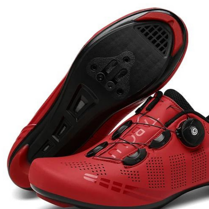 Ergonomische orthopädische Radschuhe, atmungsaktive Materialien, fördern ideale Fußhaltung, verfügbar in Rot, Schwarz, Weiß.