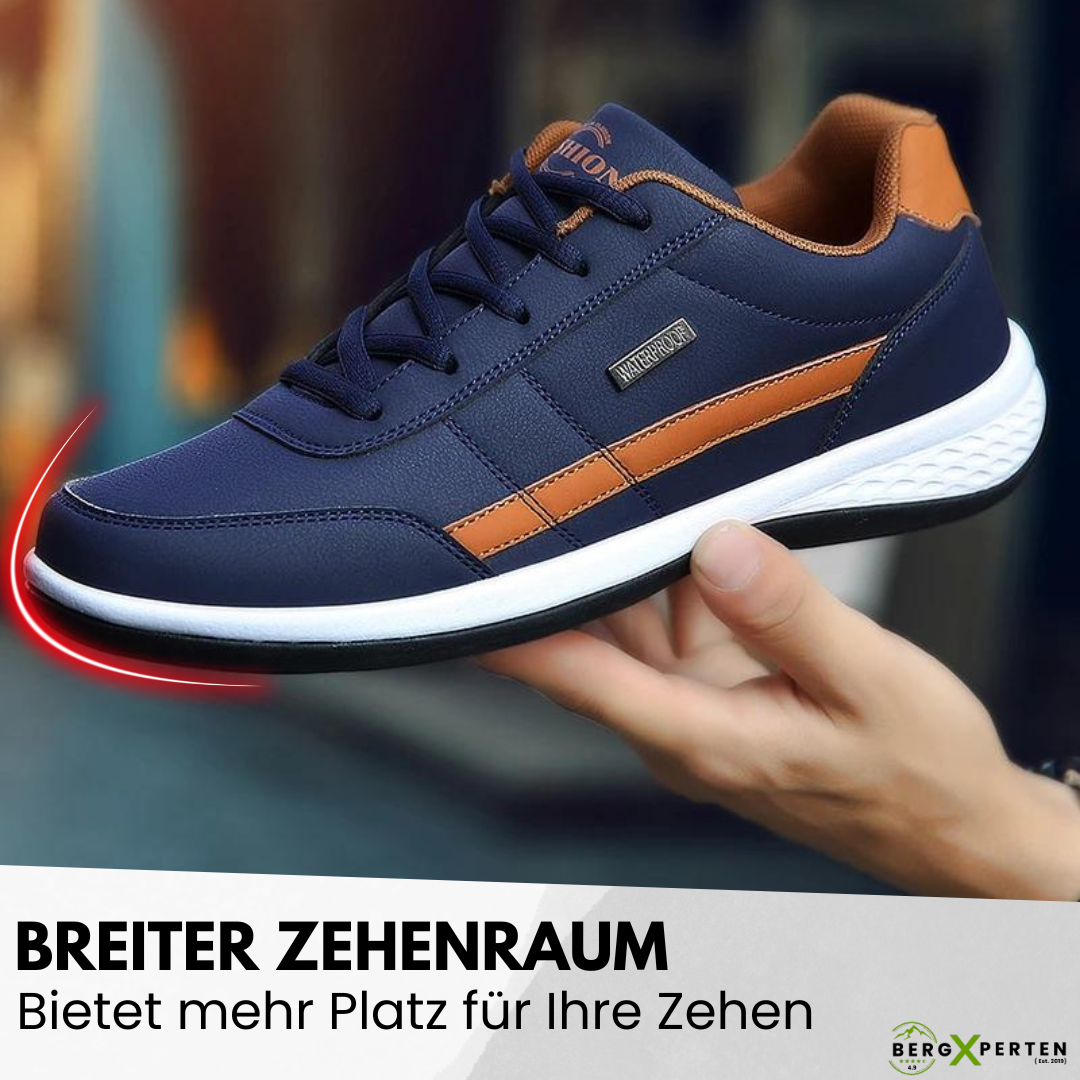"Ergonomische Schuhe mit breitem Zehenraum, atmungsaktivem Material und eleganter schwarz-grauer Oberfläche für Komfort."