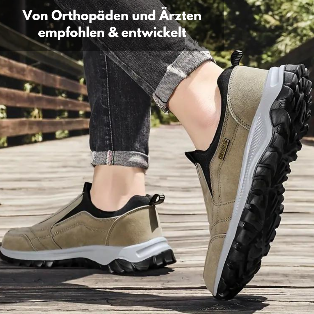 "Ergonomische schwarze orthopädische Schuhe, unisex, zur Schmerzlinderung, mit atmungsaktivem Material und leichter Sohle."