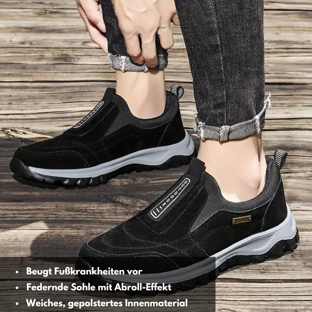 "Ergonomische schwarze orthopädische Schuhe, unisex, zur Schmerzlinderung, mit atmungsaktivem Material und leichter Sohle."