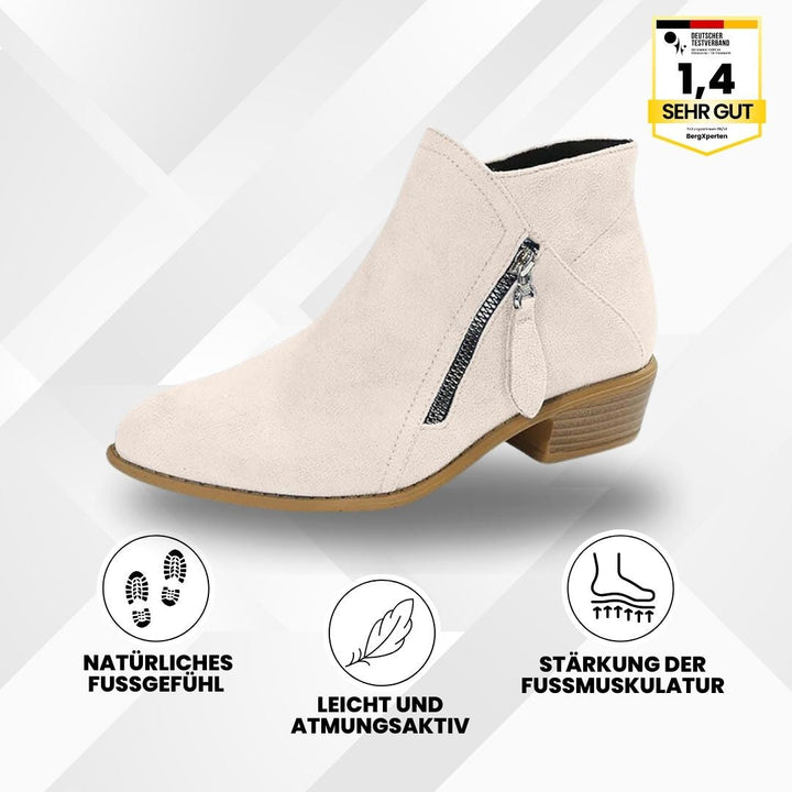 Ergonomische Stiefeletten mit Schmerzreduktion, breite Zehenbox, stylisches Design, in Beige, Blau, Orange, Schwarz.