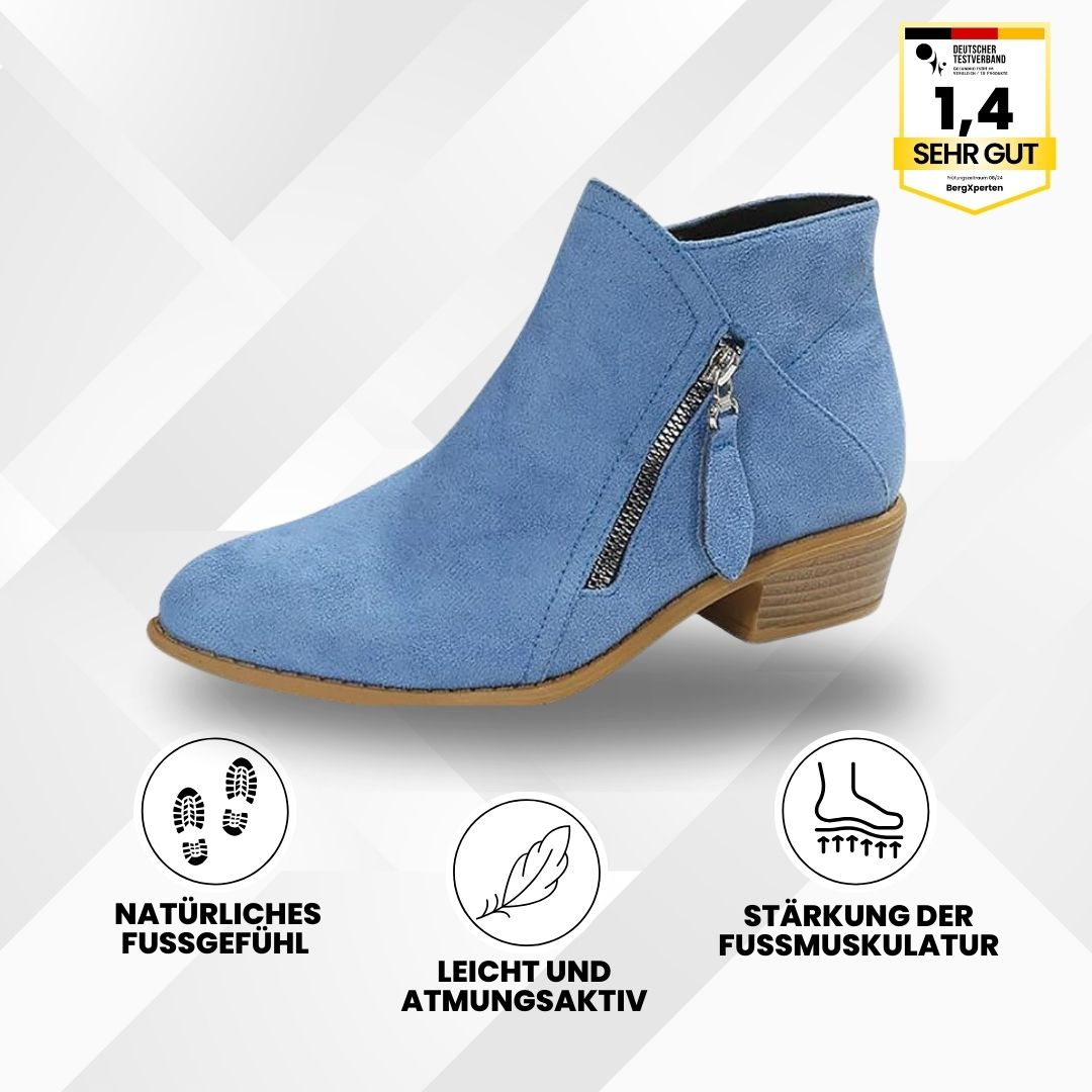 Ergonomische Stiefeletten mit Schmerzreduktion, breite Zehenbox, stylisches Design, in Beige, Blau, Orange, Schwarz.