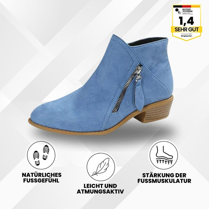 Ergonomische Stiefeletten mit Schmerzreduktion, breite Zehenbox, stylisches Design, in Beige, Blau, Orange, Schwarz.