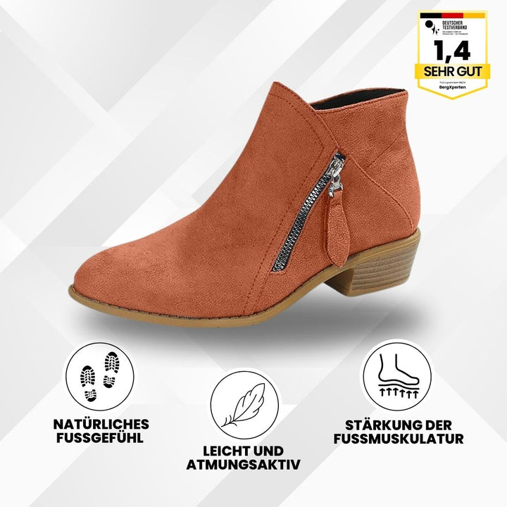 Ergonomische Stiefeletten mit Schmerzreduktion, breite Zehenbox, stylisches Design, in Beige, Blau, Orange, Schwarz.