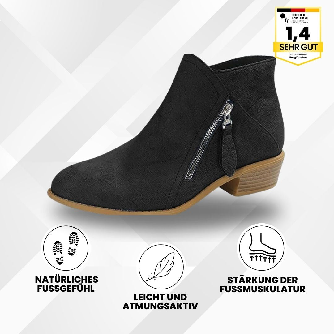 Ergonomische Stiefeletten mit Schmerzreduktion, breite Zehenbox, stylisches Design, in Beige, Blau, Orange, Schwarz.