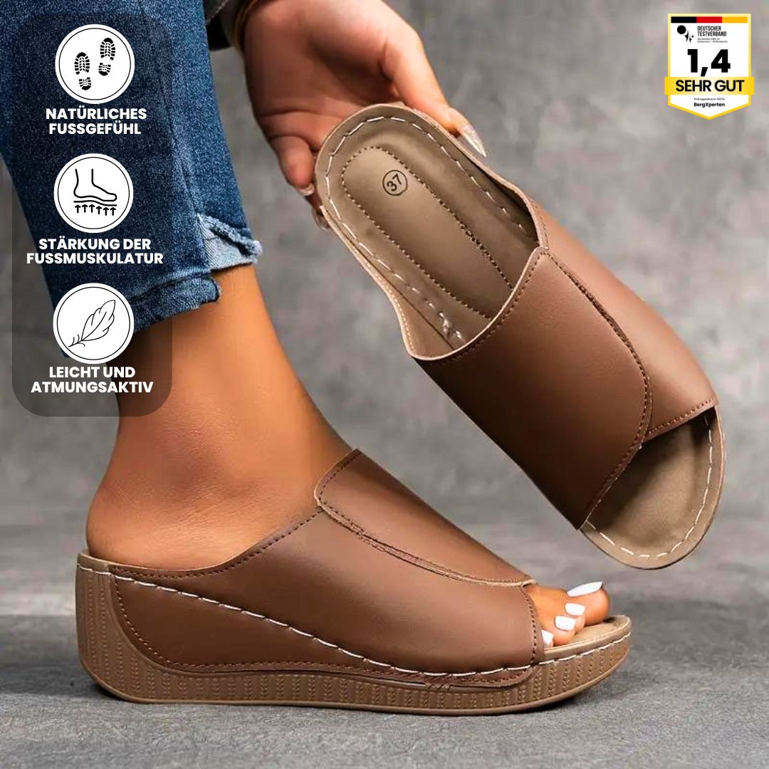 "Ergonomische, stilvolle Damen-Sandalen mit rutschfester Sohle, braun, ideal für Fußkomfort und gesunde Ausrichtung."
