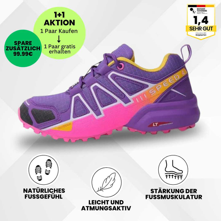 Ergonomische Trekking- und Wanderschuhe für Damen, braun mit rutschfester Sohle und atmungsaktivem Gewebe.