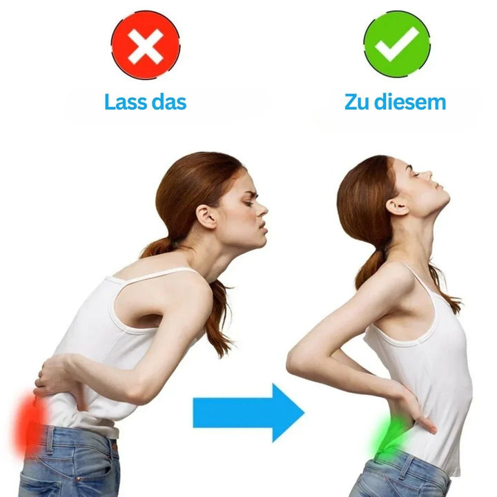 "Ergonomischer Rückenstützgürtel, diskret unter Kleidung, atmungsaktiv, verstellbare Kompression, für Komfort und Mobilität."