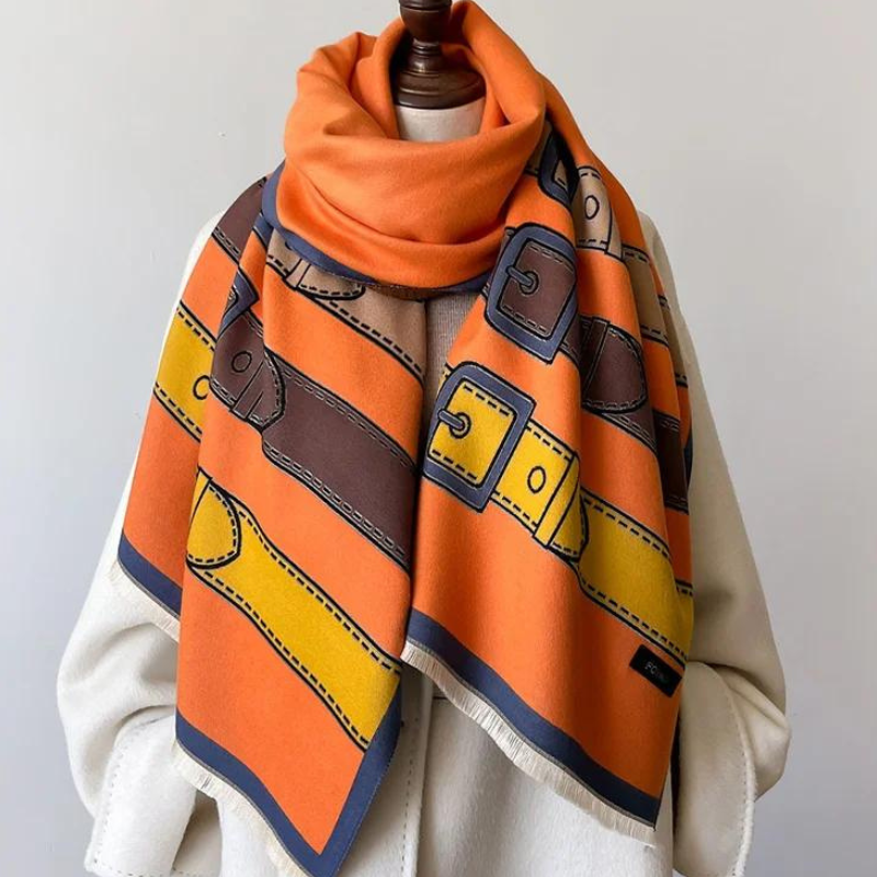 Incredibly soft cashmere blend scarf, a warm luxury wrap with an elegant design and belt buckle pattern.