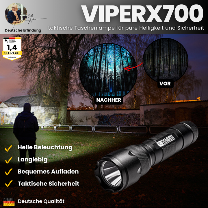"Extrem helle 500 Lumen militärische Taschenlampe ViperX700 aus Aluminium mit fünf Beleuchtungsmodi für Outdoor-Abenteuer."