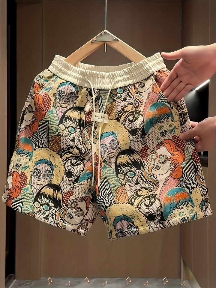 Stylish unisex pop art print lounge shorts. Retro graphic design, comfortable for casual summer wear with an adjustable waist.