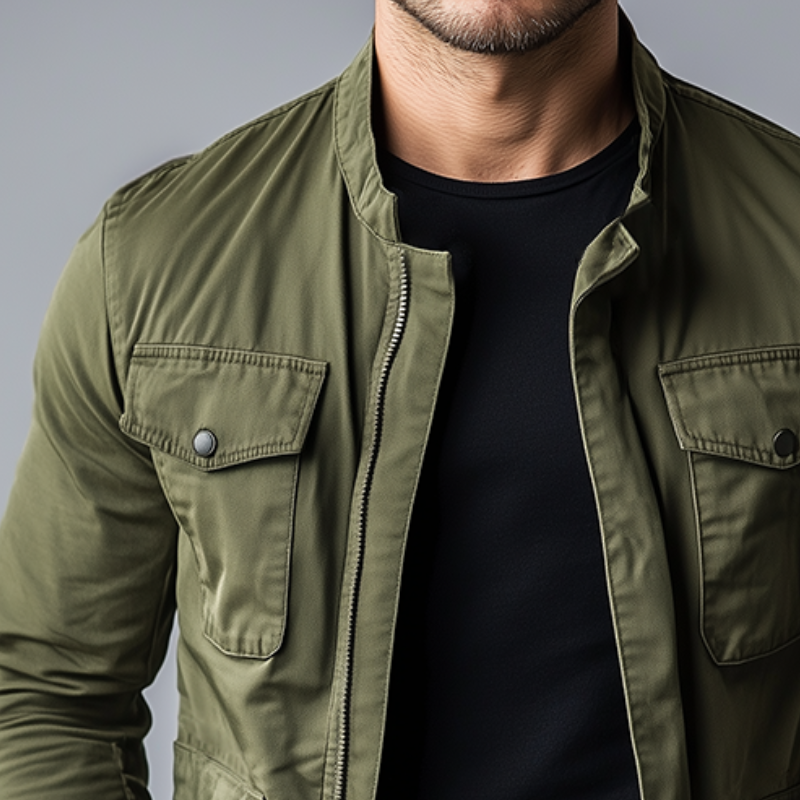 Comfortable men's green zipper jacket, a versatile mid-season outerwear with stand collar and functional pockets.