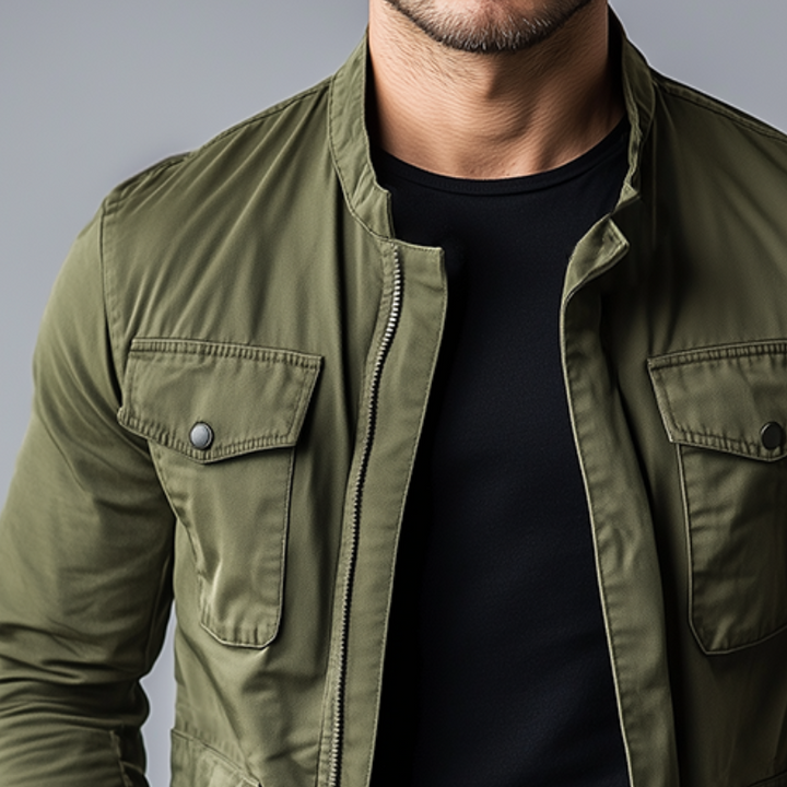 Comfortable men's green zipper jacket, a versatile mid-season outerwear with stand collar and functional pockets.