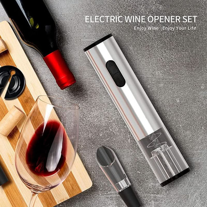 Sleek stainless steel automatic electric corkscrew. Cordless rechargeable wine opener, great bar accessory.