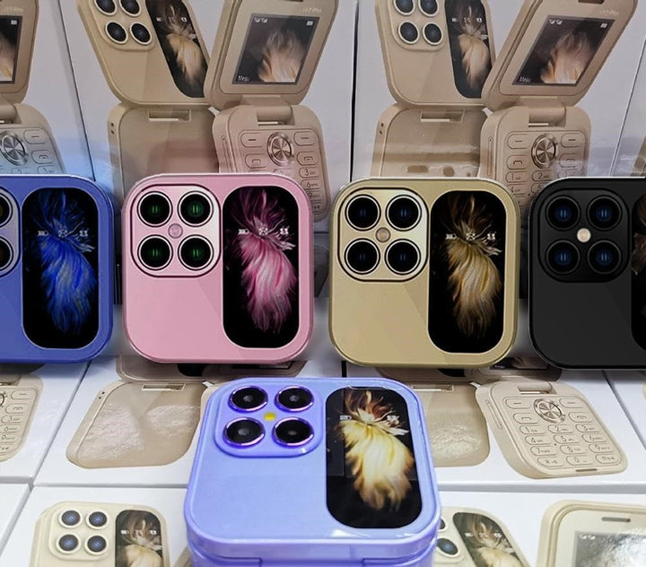 "Faltbares Mini-Handy mit Klappdesign, dualer SIM-Nutzung und LED-Taschenlampe in elegantem Schwarz."