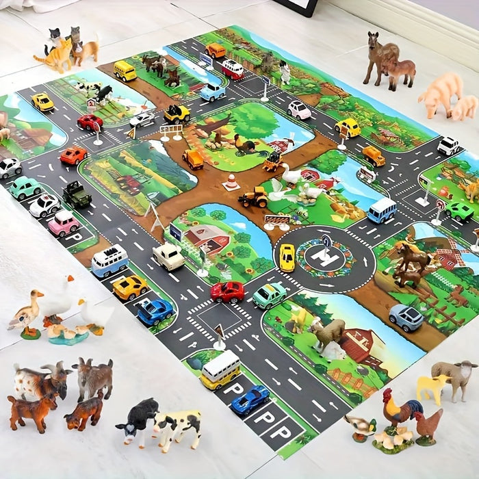 "Farbenfroher DuoPlay Kinder Spielteppich: Bauernhof & Verkehr, 130x100 cm, ideal für fantasievolles Spiel, maschinenwaschbar