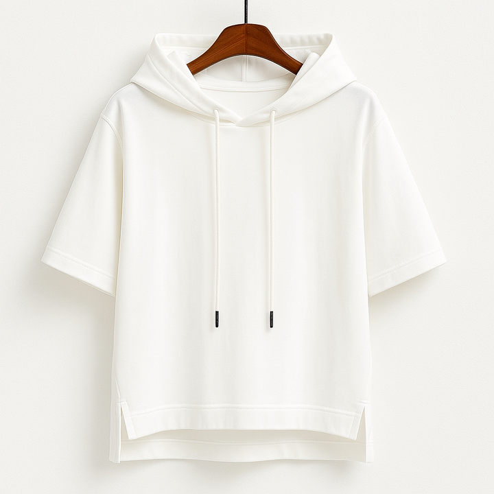 Versatile women's short sleeve hoodie, a comfy layering piece for casual spring fashion. Relaxed fit, drawstring.