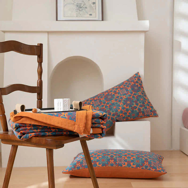 Hochwertige 6-lagige Baumwolldecke, Orange-Blau