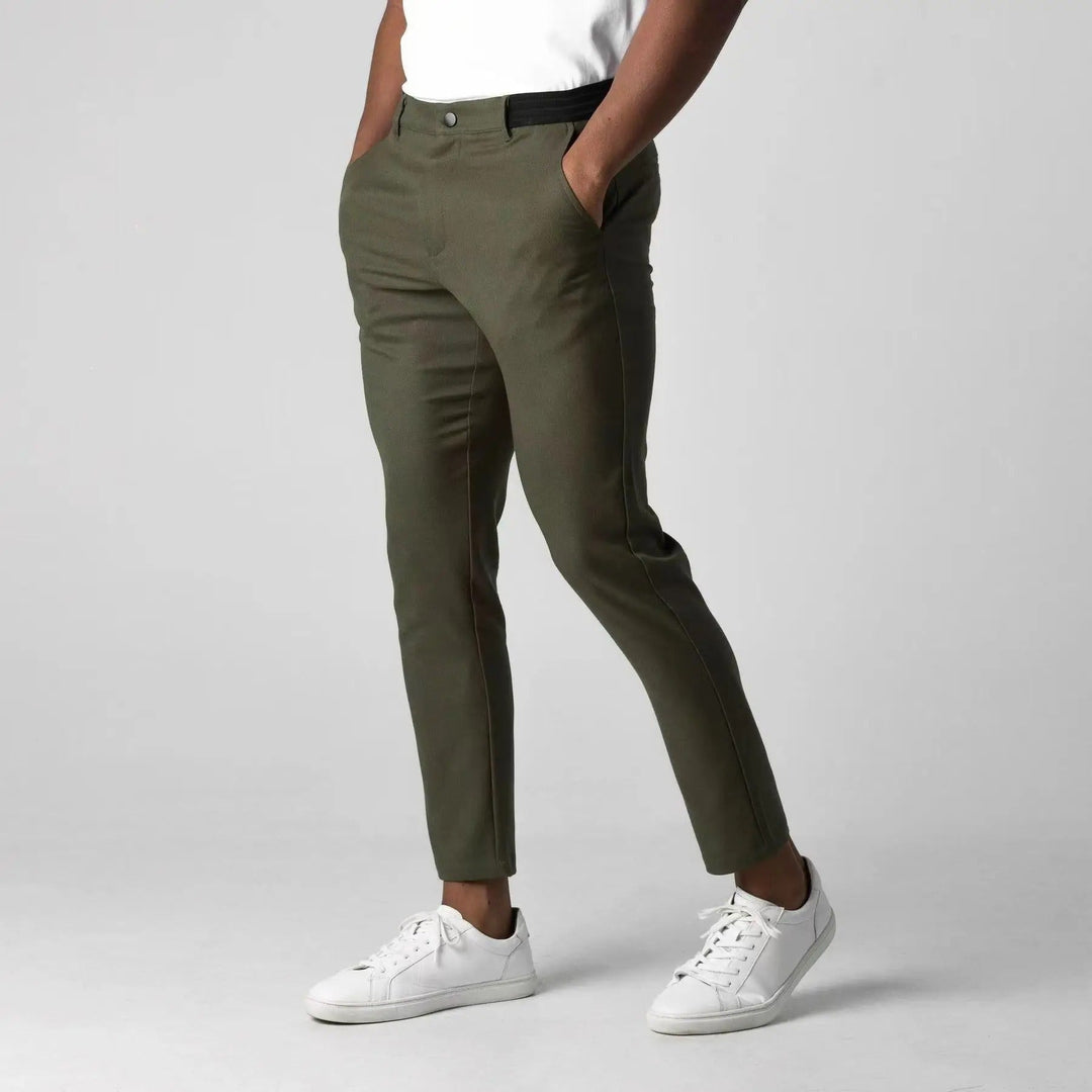 Tailored fit men's stretch chinos, perfect for work or casual everyday style. Comfort pants.