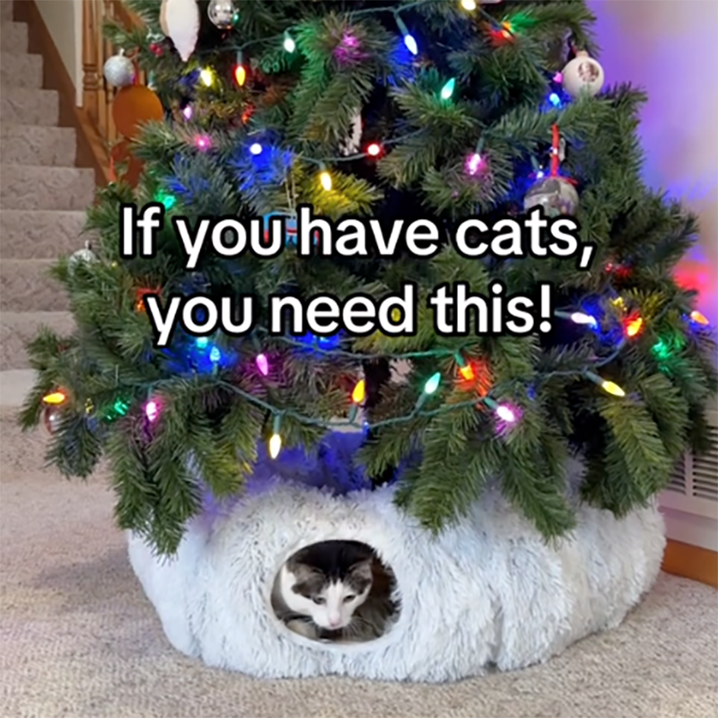 A cat napping inside the soft, warm interior of the Christmas Tree Cat Tunnel, a perfect holiday cat bed